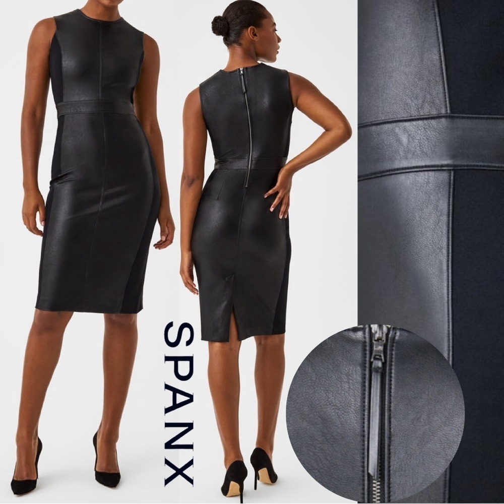 SPANX Faux Leather Sheath Dress Sleeveless Ponte Luxe Valentines Modern Black 2X